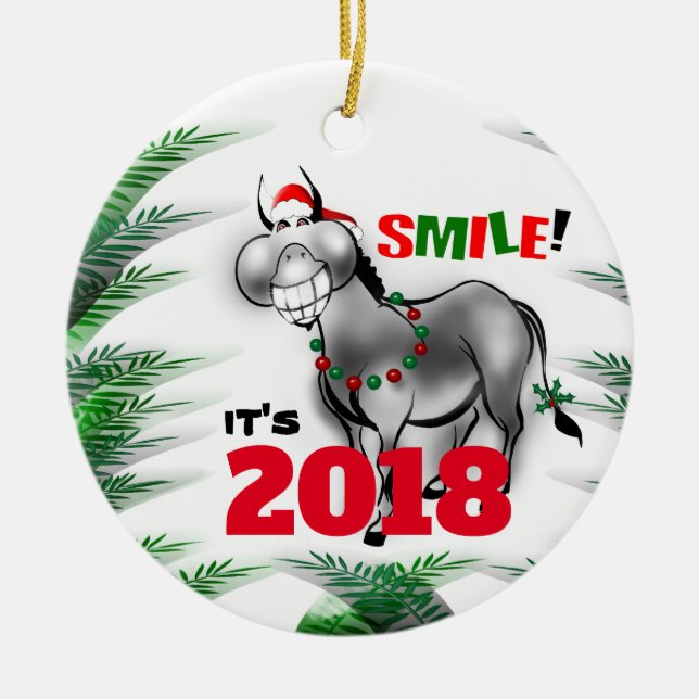 Smile It's 2018 Funny Donkey Smiling Ornament (Front)