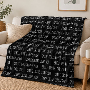 Smile, Jesus Loves You Black and White Fleece Blanket