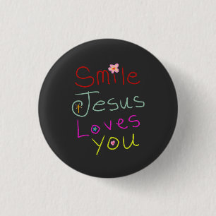 ‘Smile Jesus Loves You’ Colourful Script  3 Cm Round Badge