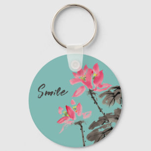 Smile & Laugh Positive Quote Watercolor Floral Key Ring