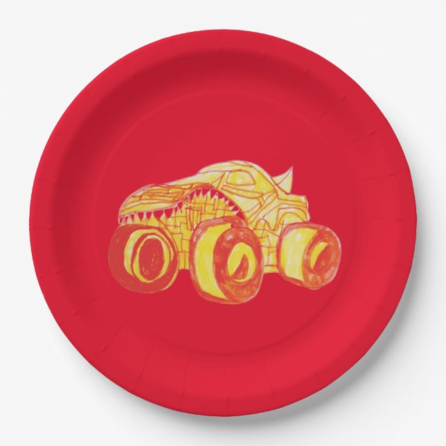 Smile Monster Truck Rally Birthday Party Paper Plate (Front)