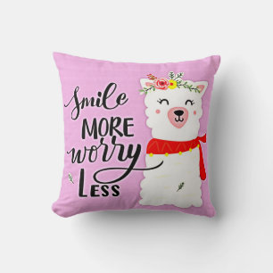 Smile More Worry Less Llama Cushion