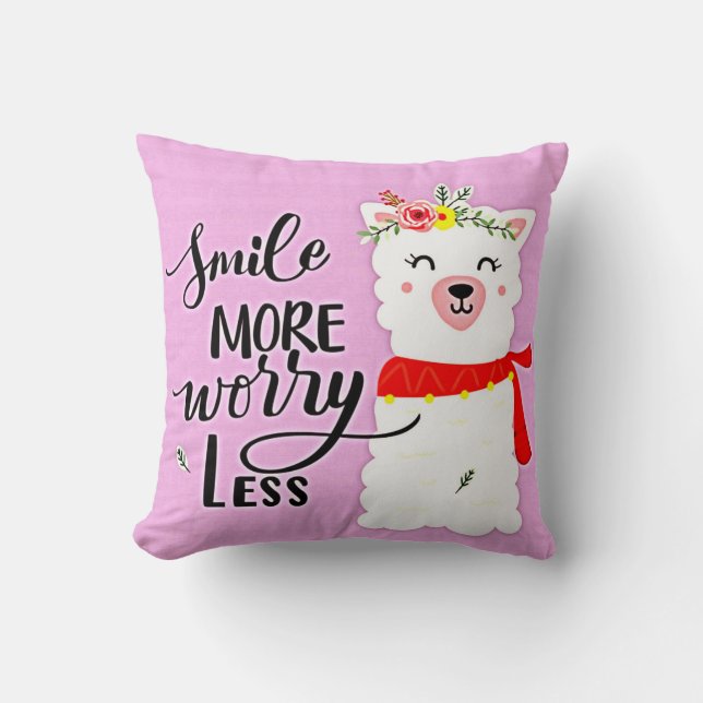Smile More Worry Less Llama Cushion (Front)