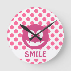 SMILE Pink Polka Dot Monster Round Clock