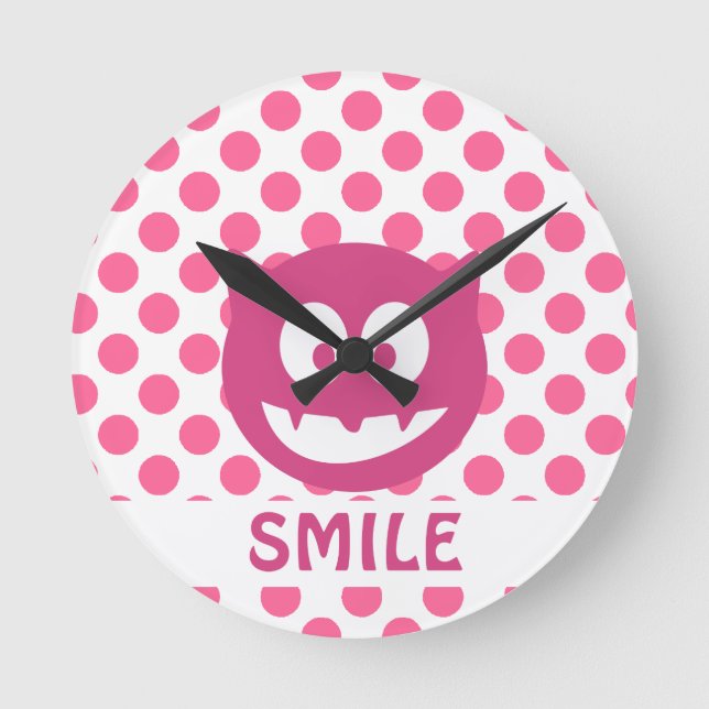 SMILE Pink Polka Dot Monster  Round Clock (Front)