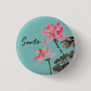 Smile Positive Quote Watercolor Floral Lotus 3 Cm Round Badge