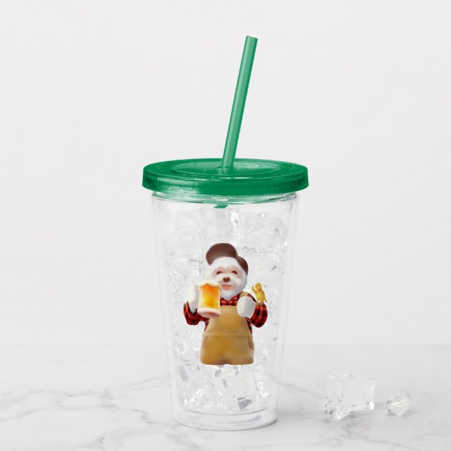 Smile Pup: Cheers! Happy Bichon Frise Beer Art Acrylic Tumbler (Back Ice)