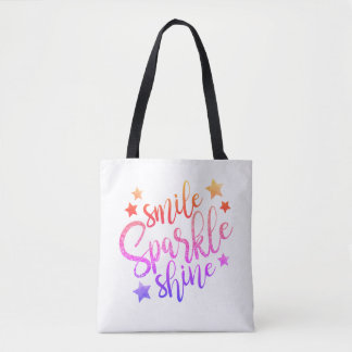 Smile Sparkle and Shine Modern Rainbow Text Tote Bag