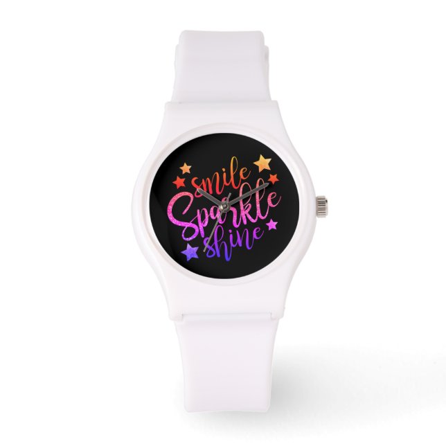 Smile Sparkle Shine Black Multi Coloured Quote Watch (Front)