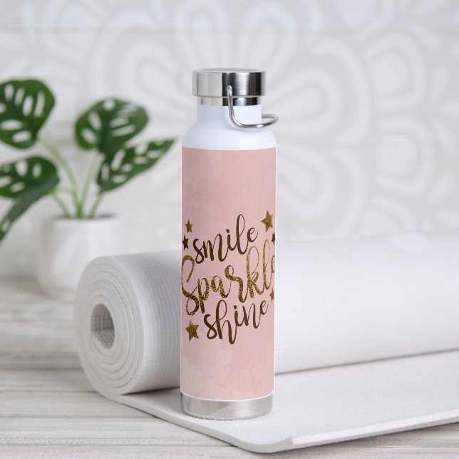 Smile Sparkle Shine Pink Gold Glitter Motivational Water Bottle (Yoga)