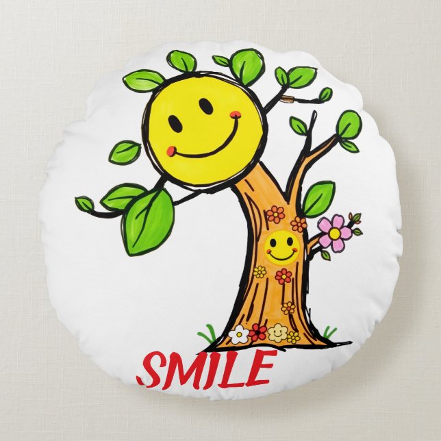 "Smile Tree" Positive Vibes  Round Cushion (Front)