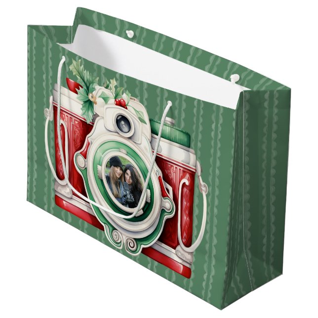 Smile | Vintage Camera  Christmas Photo  Large Gift Bag (Front Angled)