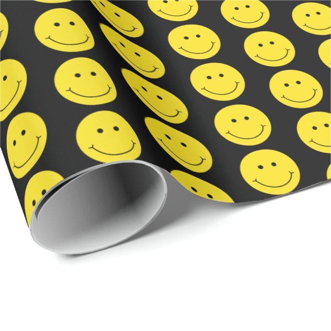 Smile Yellow Black Grinning Face Wrapping Paper (Roll Corner)