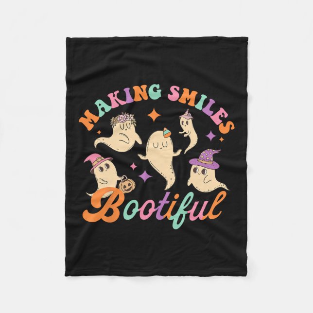 Smiles Bootiful Funny Ghost Dentist Halloween Dent Fleece Blanket (Front)