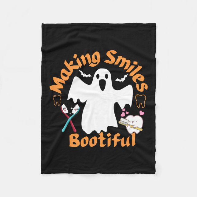 Smiles Bootiful Funny Ghost Dentist Halloween Dent Fleece Blanket (Front)