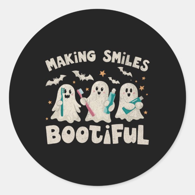 Smiles Bootiful Halloween Funny Ghost Dentist Dent Classic Round Sticker (Front)