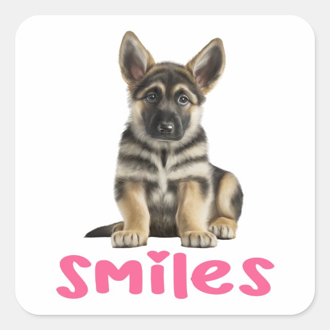 Smiles Cute German Shepherd Puppy Dog Hello Square Sticker (Front)
