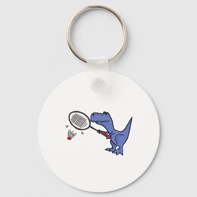 Smiletodaytees Fun T-rex Dinosaur Playing Badminto Key Ring (Front)