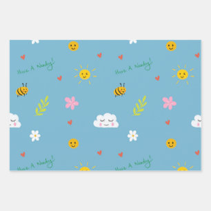 Smiley Clouds, Bees, and Flowers Seamless Pattern Wrapping Paper Sheet