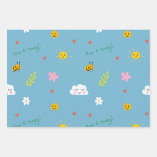 Smiley Clouds, Bees, and Flowers Seamless Pattern Wrapping Paper Sheet