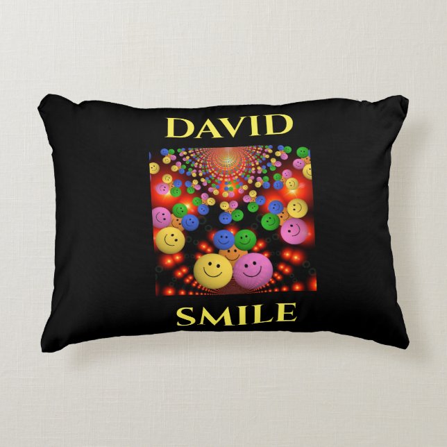 Smiley face throw pillow in black with custom name (Front)