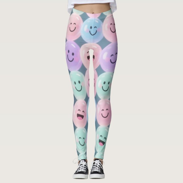 Smiley Faces Grid Leggings – Pastel Gen Z  Vibes (Front)