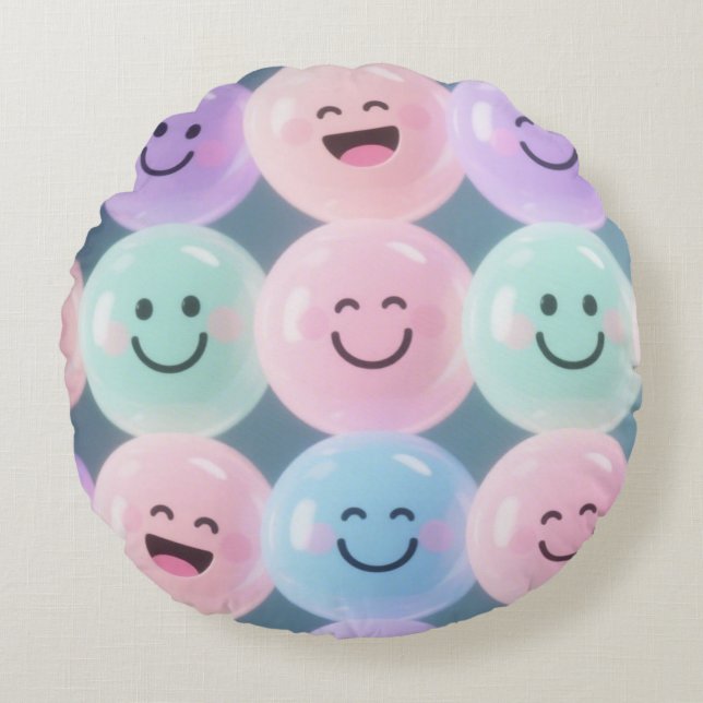 Smiley Faces Pastel Throw Pillow – Bubble Grid Cut (Front)