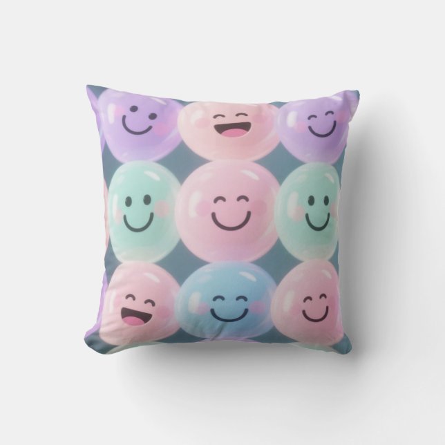 Smiley Faces Pastel Throw Pillow – Bubble Grid Cut (Front)