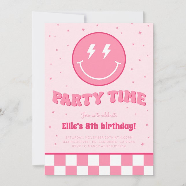 Smiley Preppy Face Girl Pink Birthday Invitation (Front)