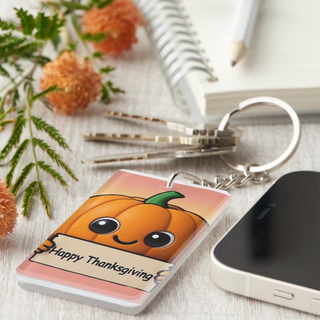 Smiley Pumpkin Charm - Happy Thanksgiving Keychain (Front Right)