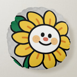 Smiley Sunflower on a Checkered Day Round Cushion