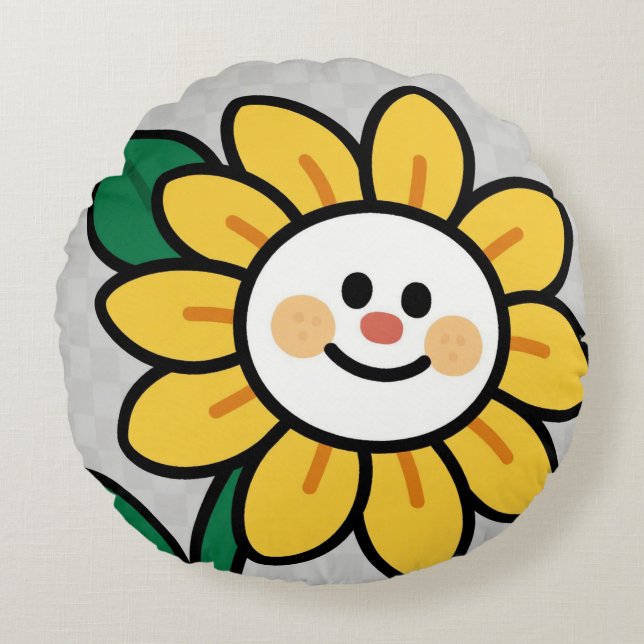 Smiley Sunflower on a Chequered Day Round Cushion (Front)