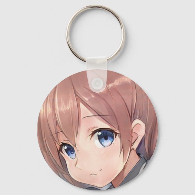 Smiling anime girl manga brown haired blue eyed key ring (Front)