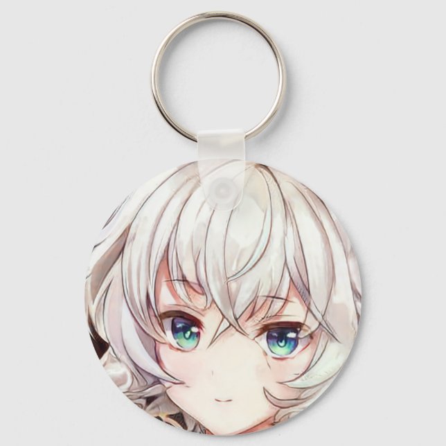 Smiling anime girl manga silver haired green eyed  key ring (Front)