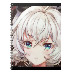 Smiling anime girl manga silver haired green eyed  notebook