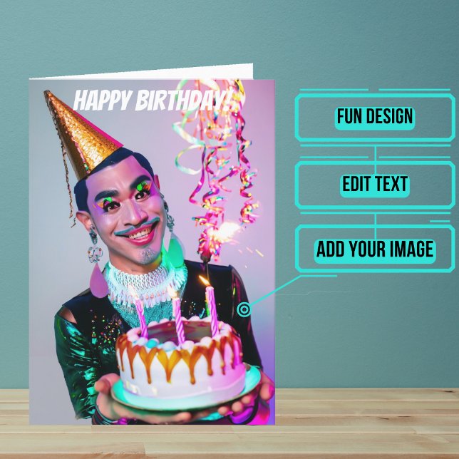 Smiling Asian Drag Queen Funny Birthday Card (Make sure their LGBTQ+ birthday is as gay as they are.)