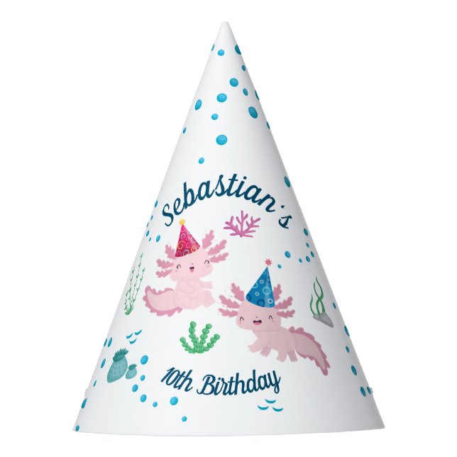 Smiling Axolotl White Birthday Party Hat (Front)