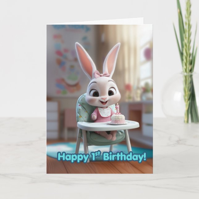 Smiling Baby Bunny in High Chair w/ 1st Bday Cake Card (Front)