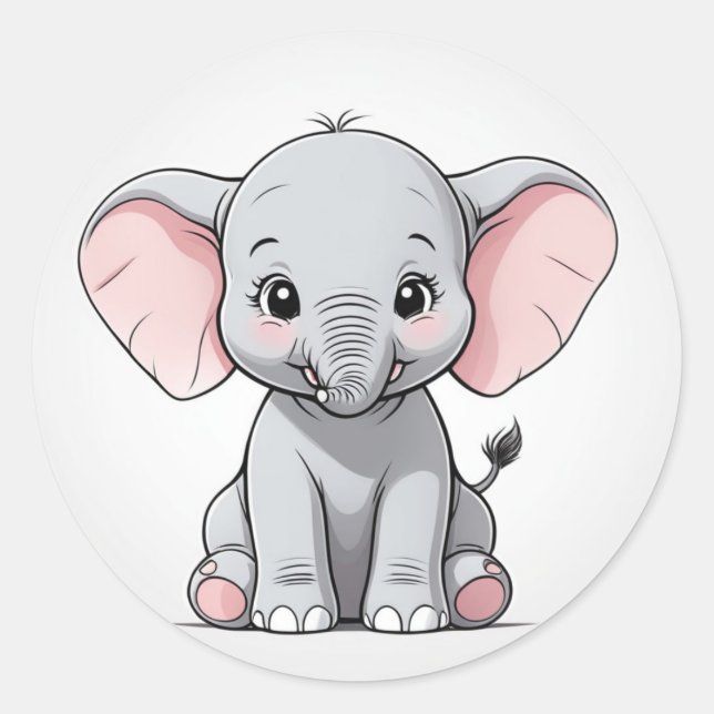 Smiling Baby Elephant with Blush Cheeks, kawaii Classic Round Sticker (Front)
