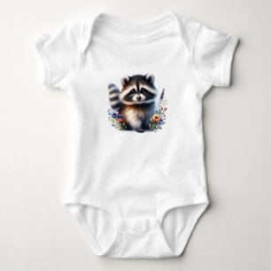 Smiling Baby Racoon in Flowers Bodysuit
