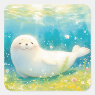 Smiling Baby Seal in Floral Underwater Garden