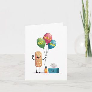 Smiling bandaid with balloons get well card