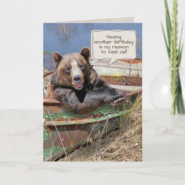 smiling bear in rusty rowboat birthday card (Front)