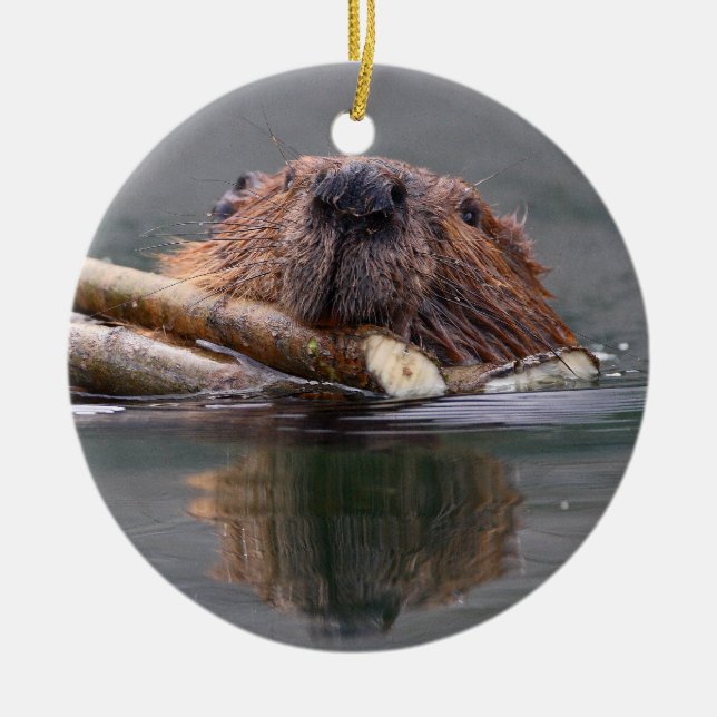 smiling beaver ceramic tree decoration (Front)