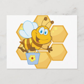 Smiling bee hold a bucket postcard