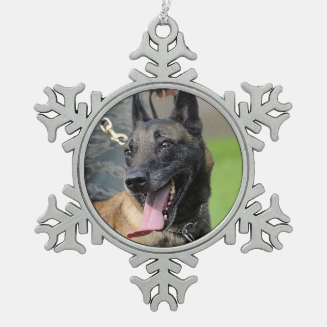 Smiling Belgian Malinois Dog Snowflake Pewter Christmas Ornament (Front)