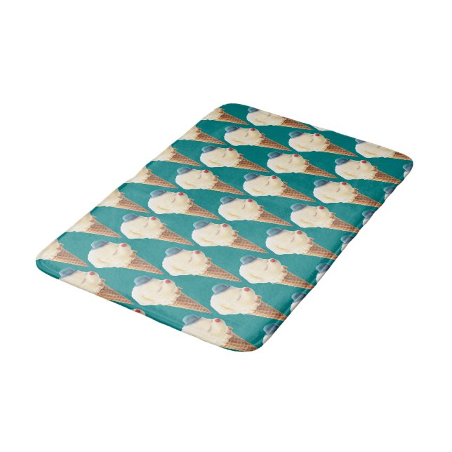 Smiling Bichon Ice Cream Pattern Teal Art Bath Mat (Angled)