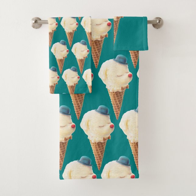 Smiling Bichon Ice Cream Pattern Teal Art Bath Towel Set (Insitu)