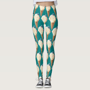 Smiling Bichon Ice Cream Pattern Teal Art Leggings