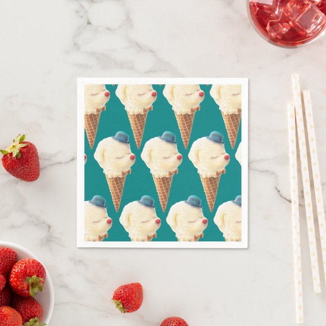 Smiling Bichon Ice Cream Pattern Teal Art Napkin (Insitu)